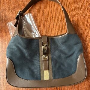 Authentic Vintage Gucci Jackie Sherry Line Hobo GG Canvas Web Stripe Leather